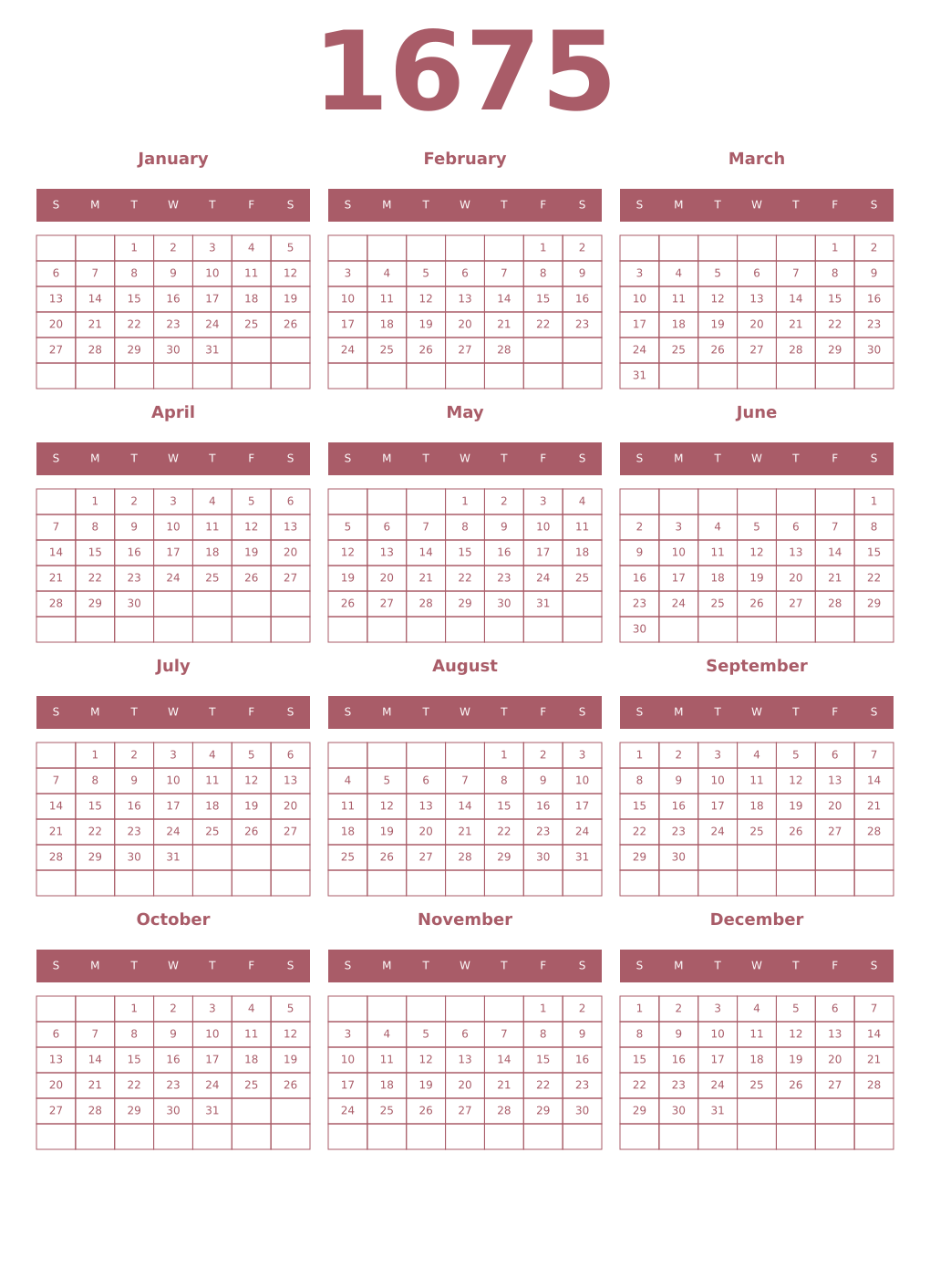 Printable 1675 Year Calendars puce