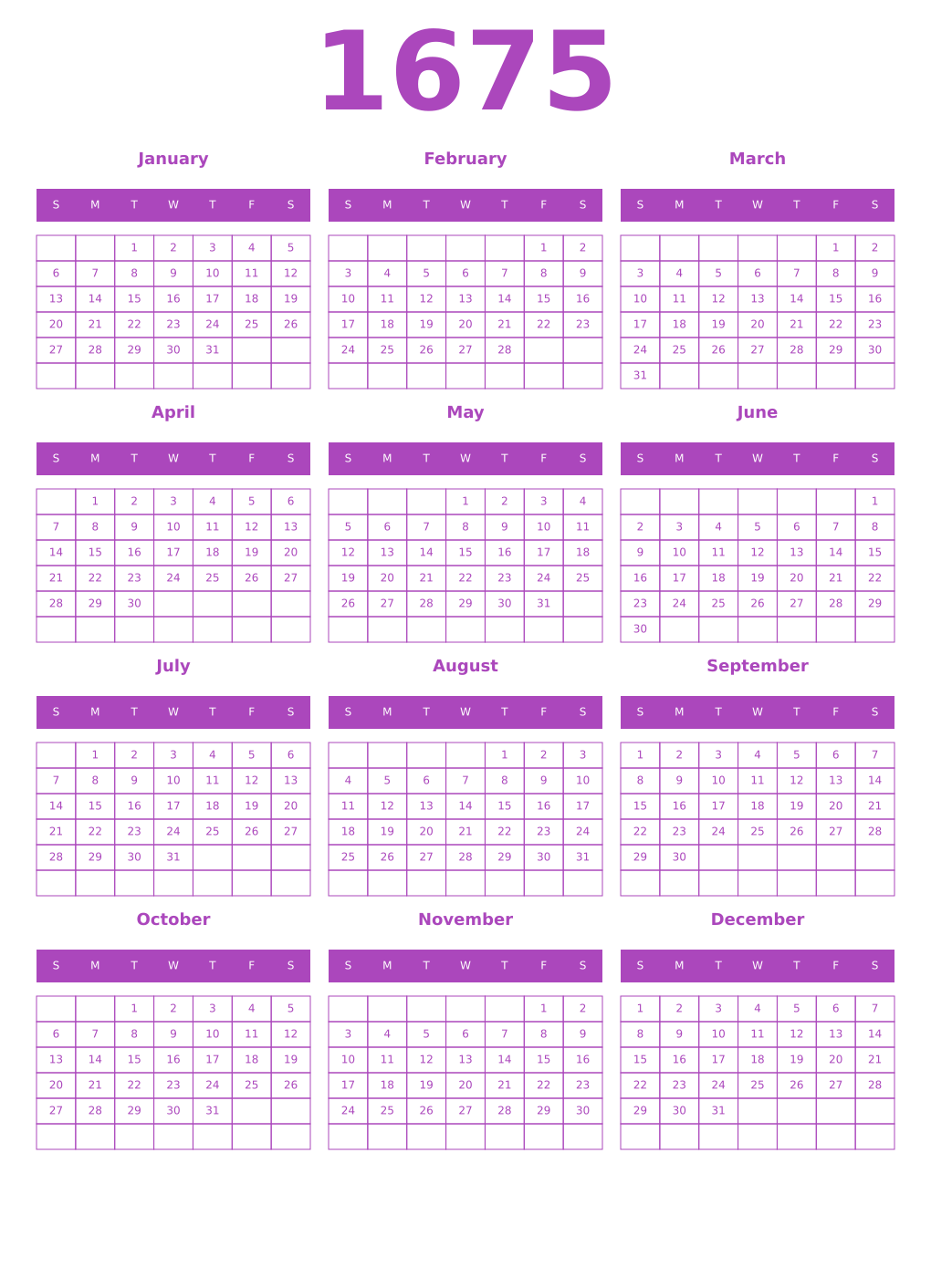 Printable 1675 Year Calendars purple