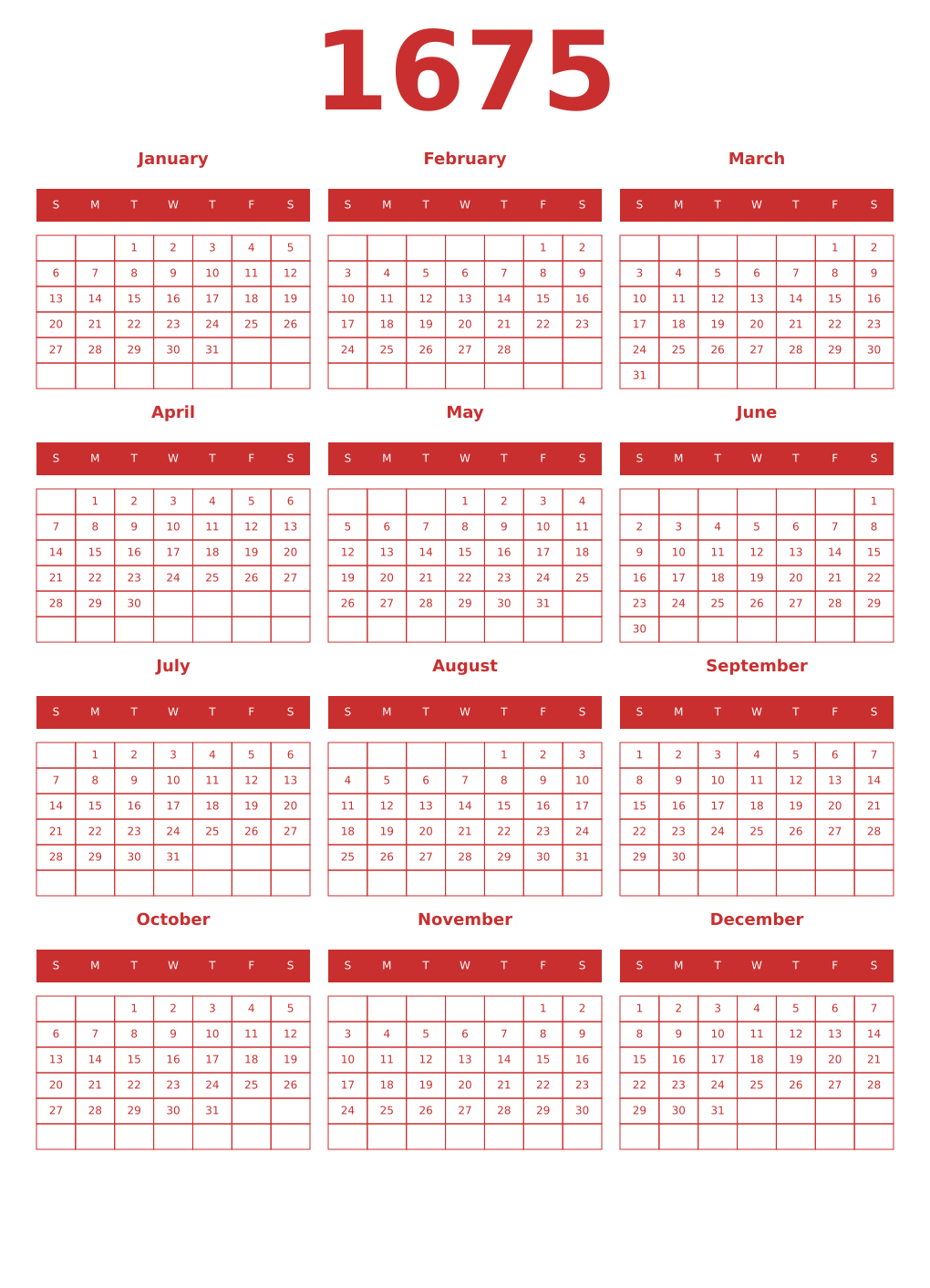 Printable 1675 Year Calendars red
