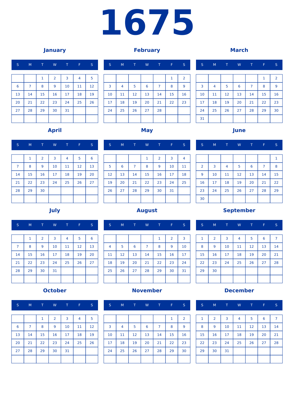 Printable 1675 Year Calendars smalt