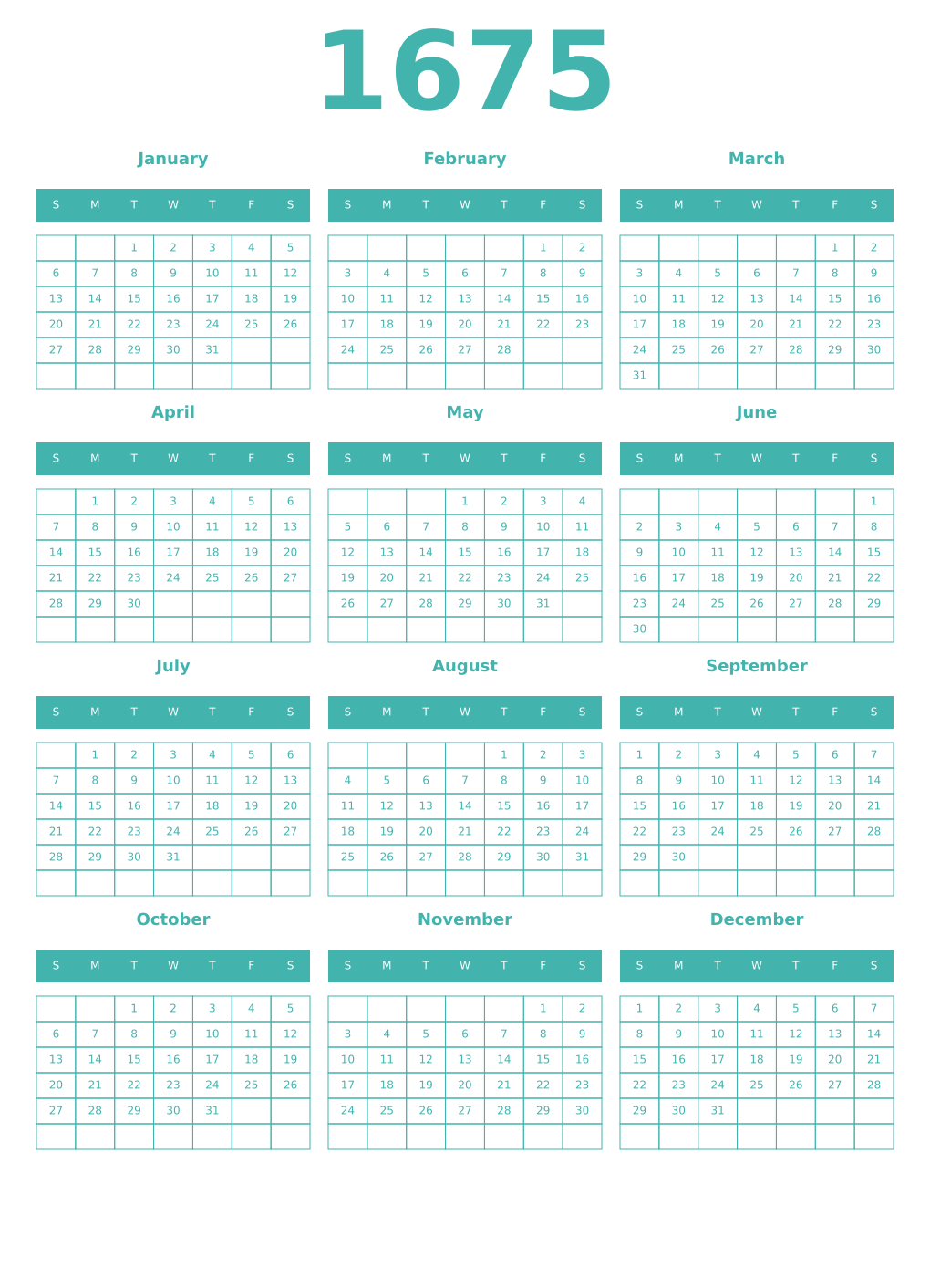 Printable 1675 Year Calendars verdigris