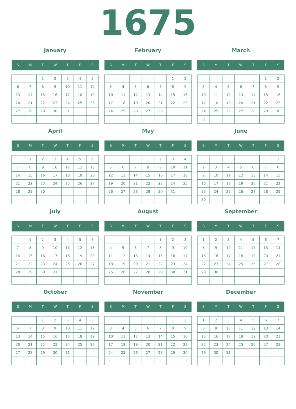 Printable 1675 Year Calendars viridian