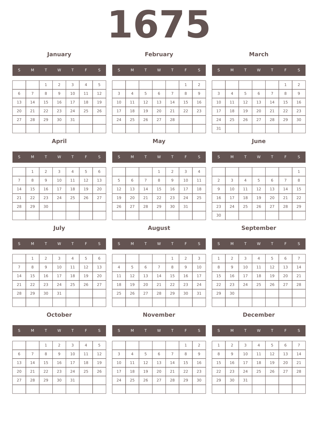 Printable 1675 Year Calendars wenge