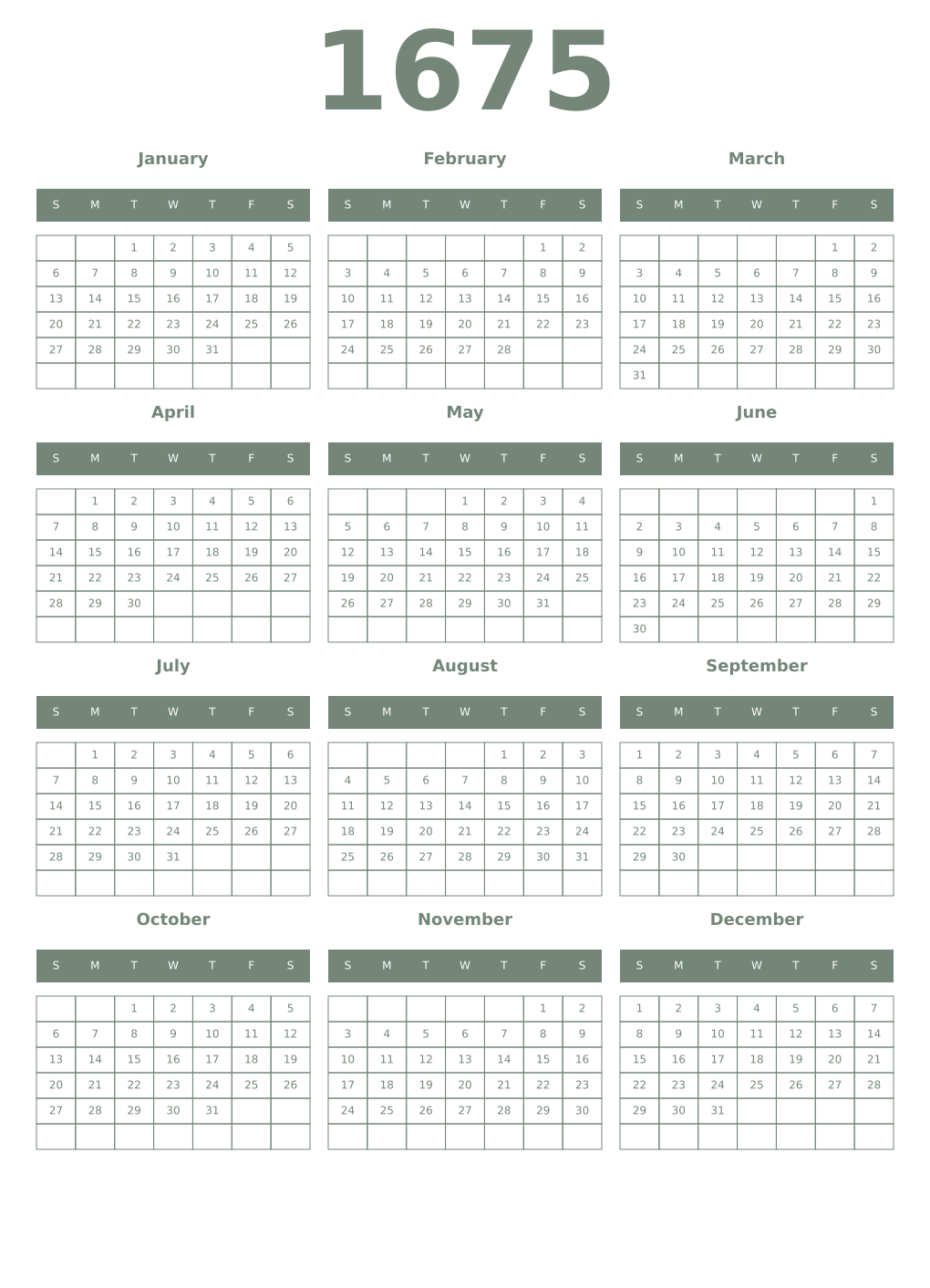 Printable 1675 Year Calendars xanadu