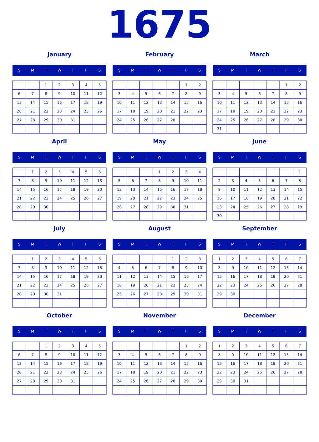 Printable 1675 Year Calendars zaffre