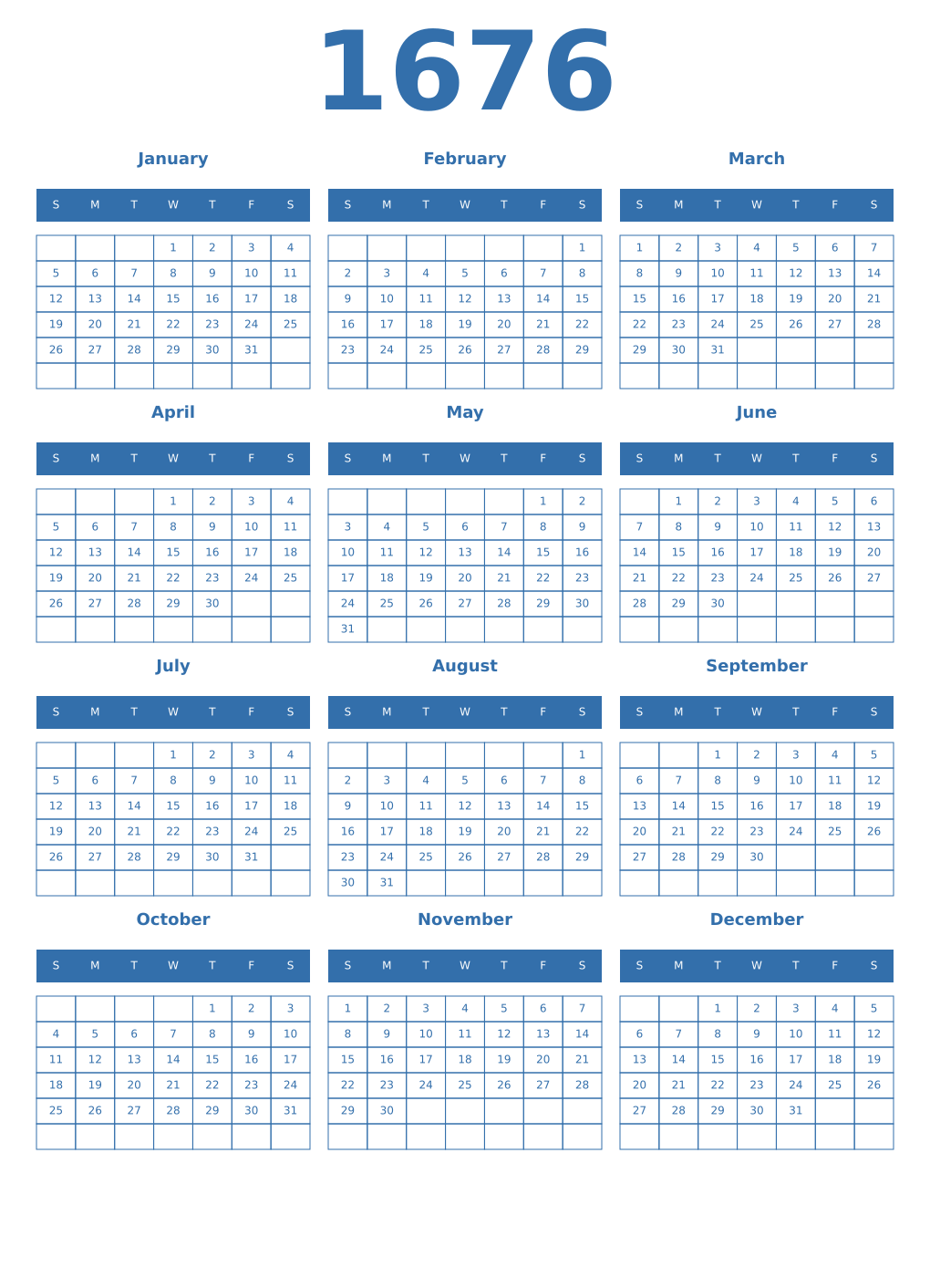 Printable 1676 Year Calendars blue