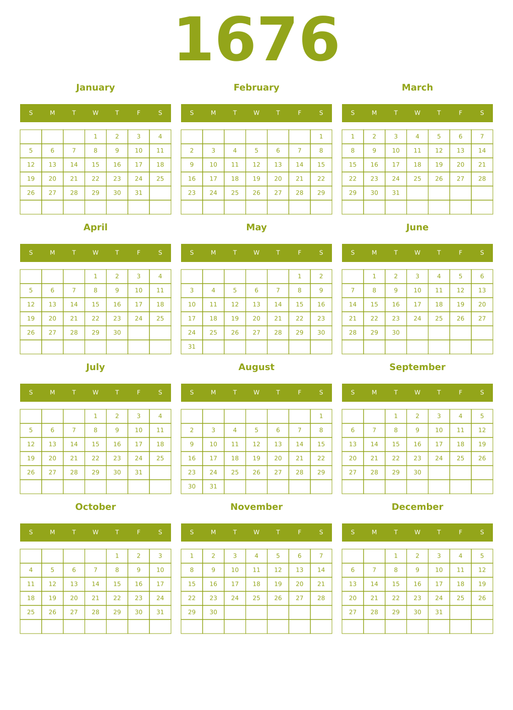 Printable 1676 Year Calendars chartreuse