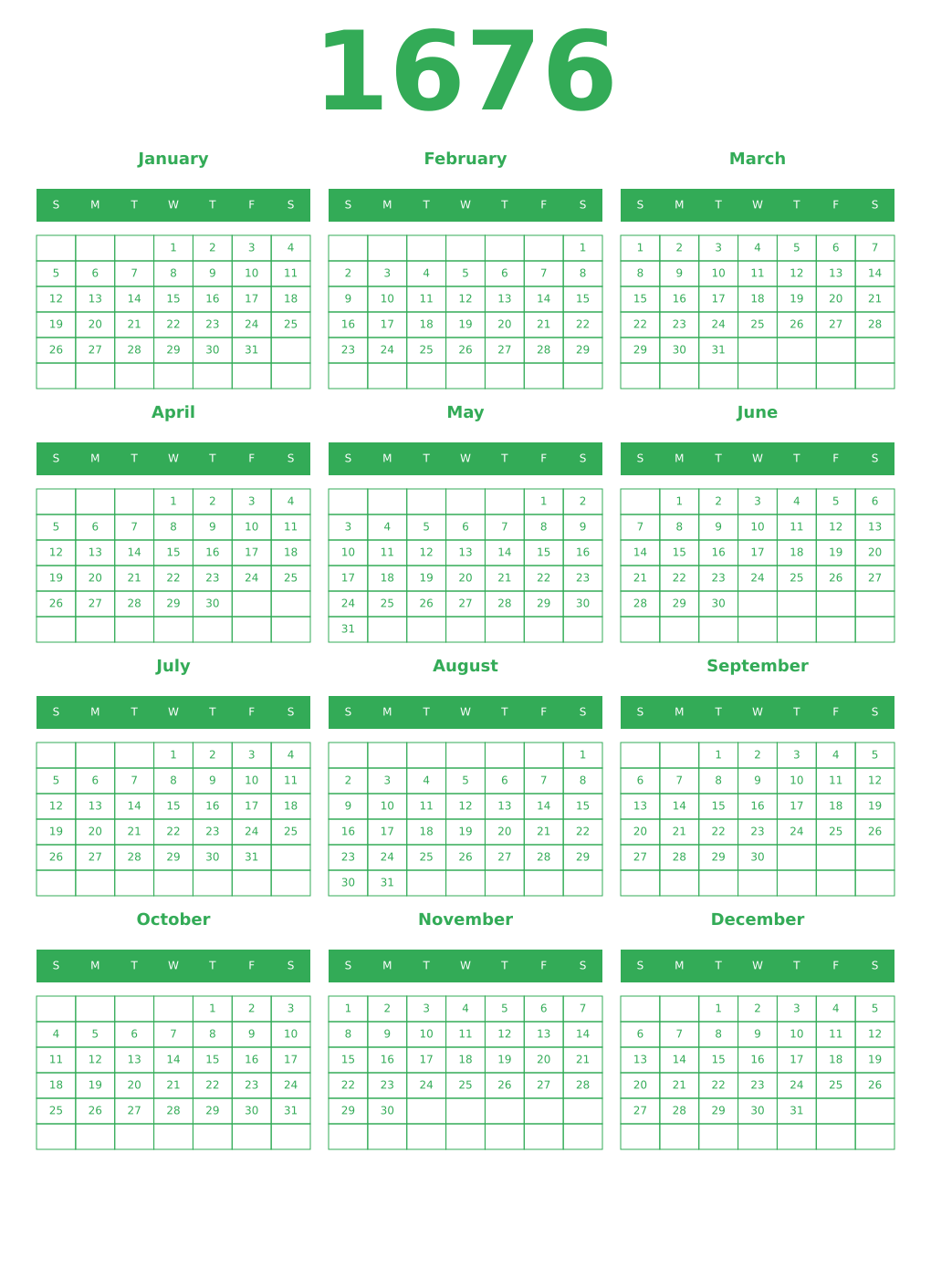 Printable 1676 Year Calendars green