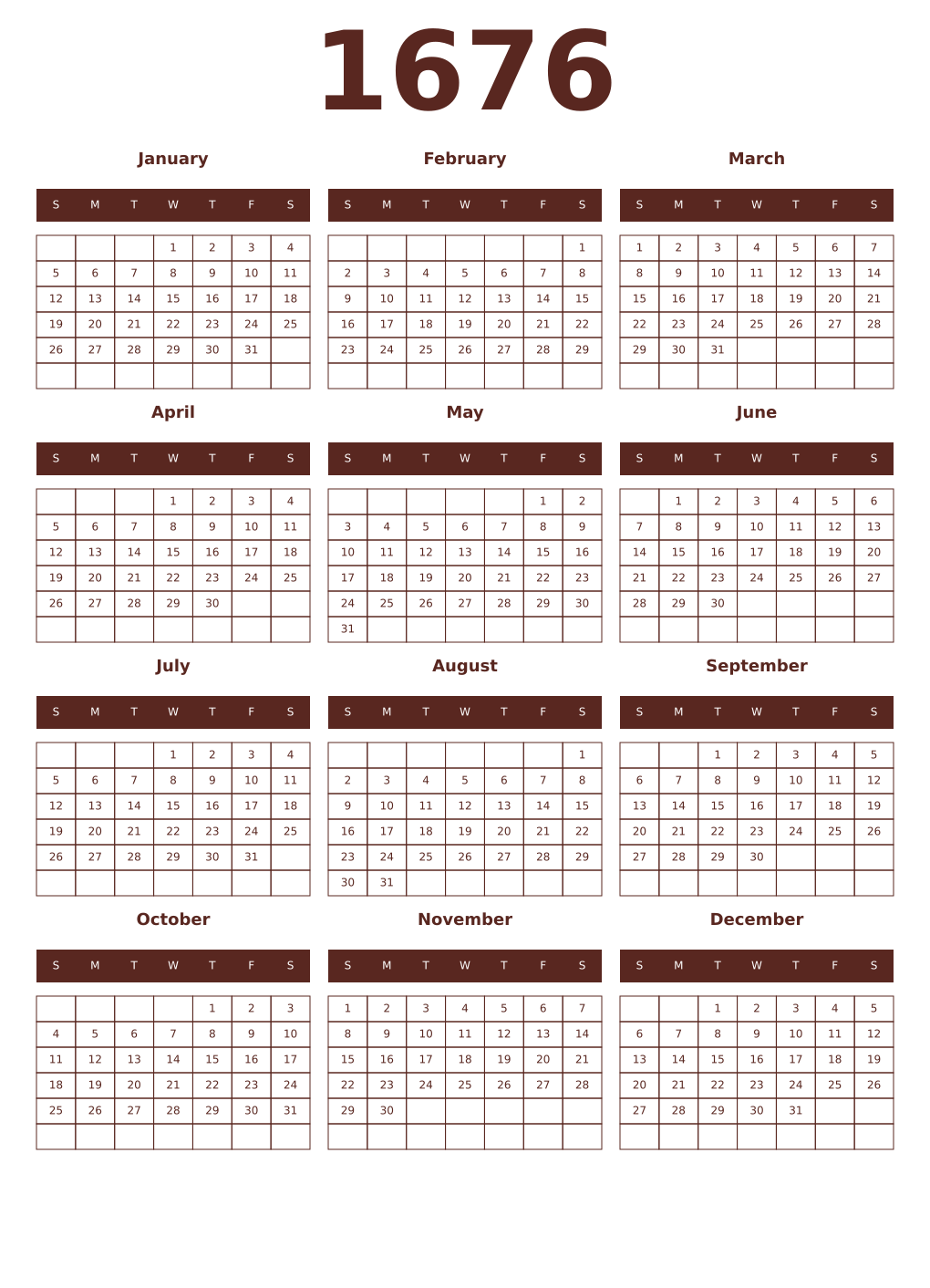 Printable 1676 Year Calendars mortuum