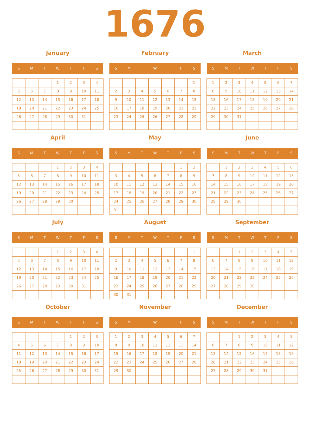 Printable 1676 Year Calendars orange
