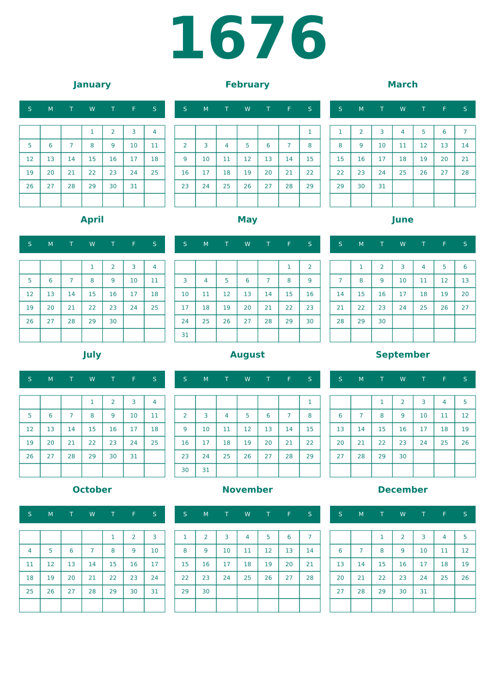 Printable 1676 Year Calendars pastel
