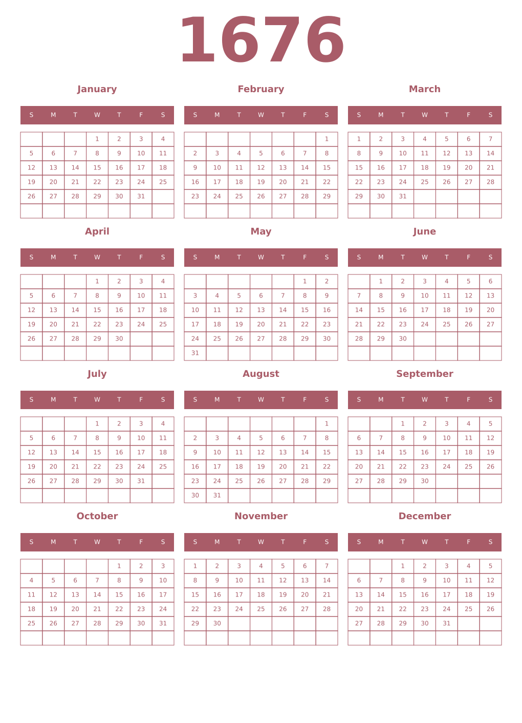 Printable 1676 Year Calendars puce