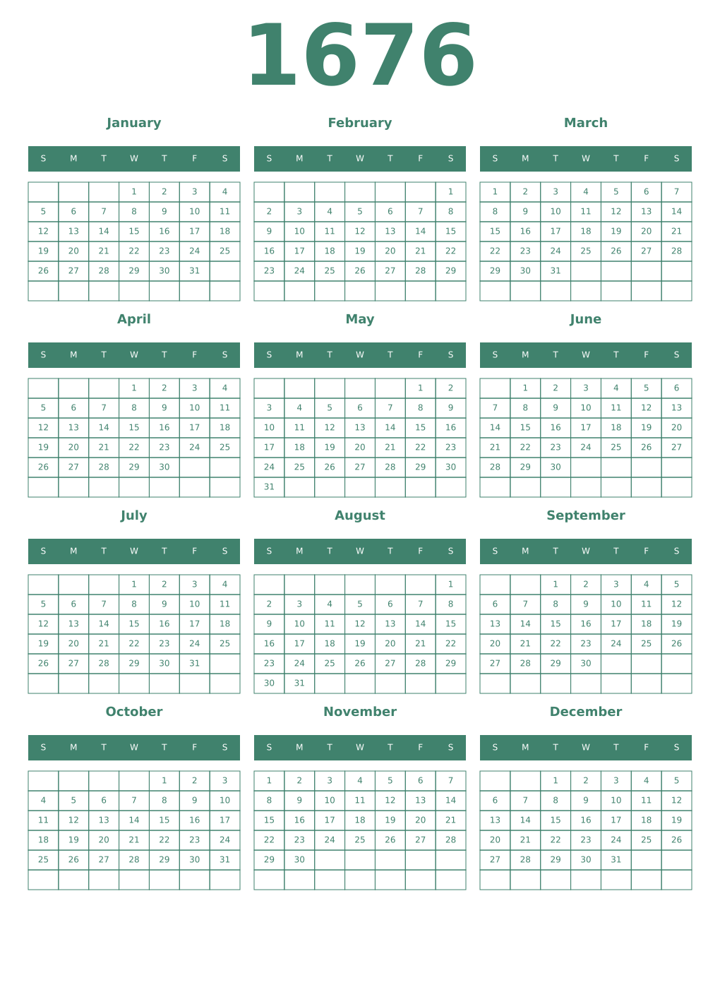 Printable 1676 Year Calendars viridian