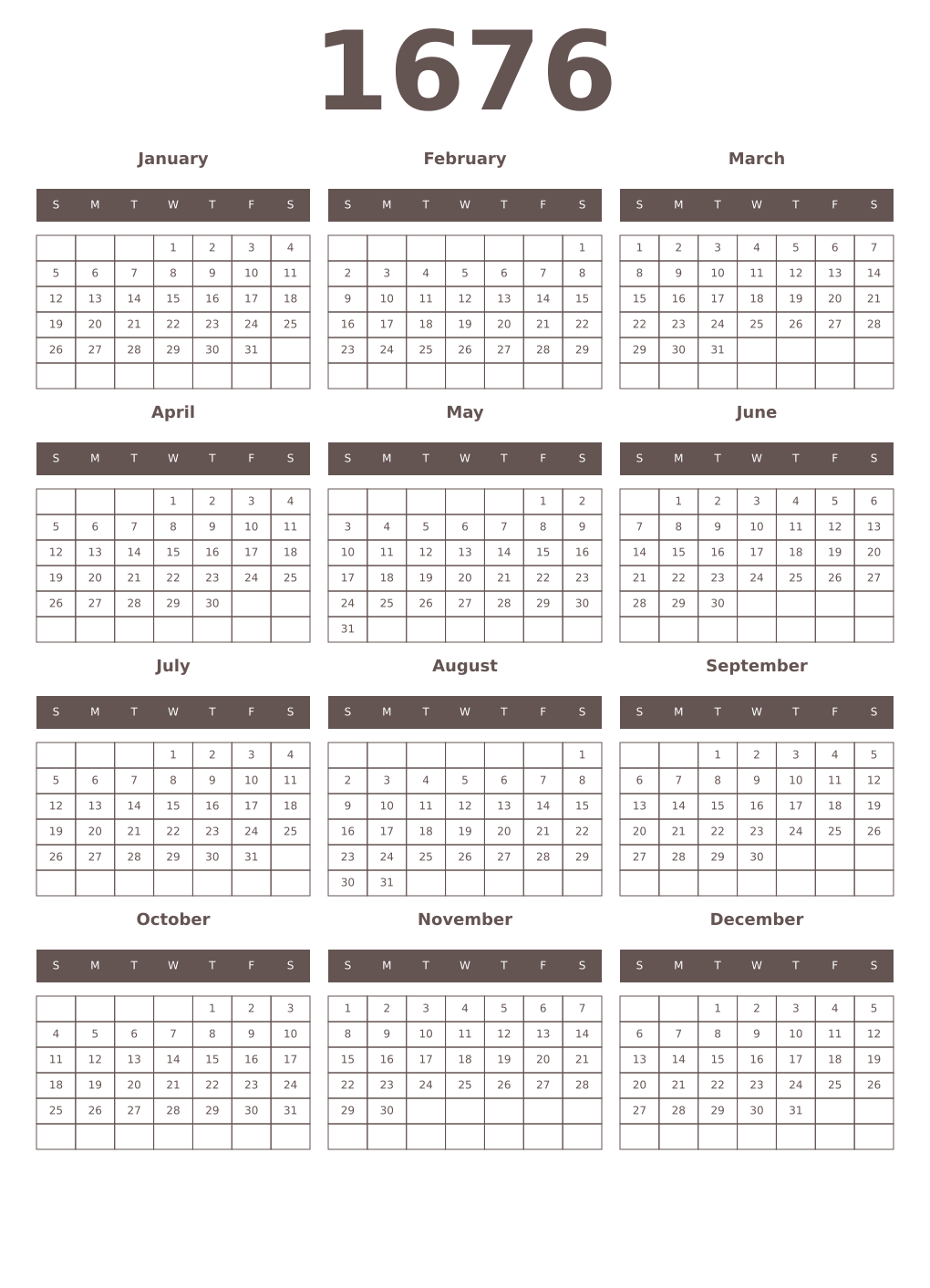 Printable 1676 Year Calendars wenge
