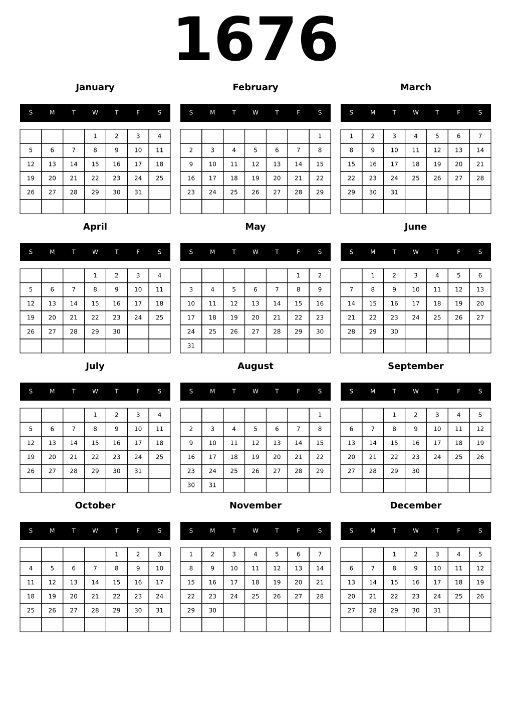 Printable 1676 Calendars