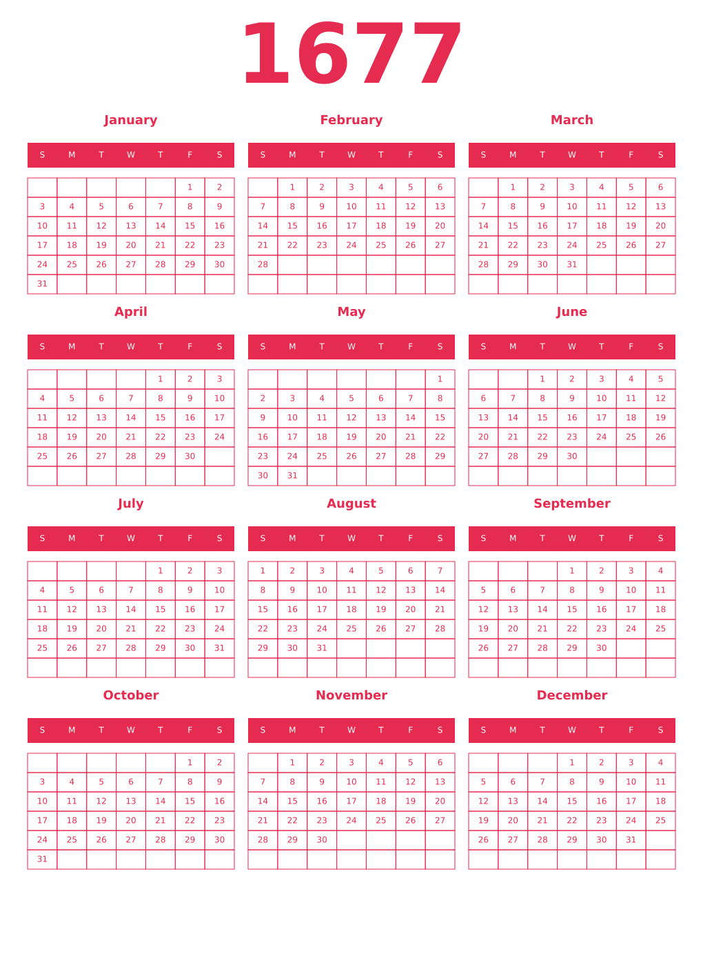 Printable 1677 Year Calendars amaranth