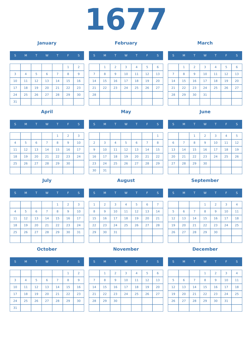 Printable 1677 Year Calendars blue