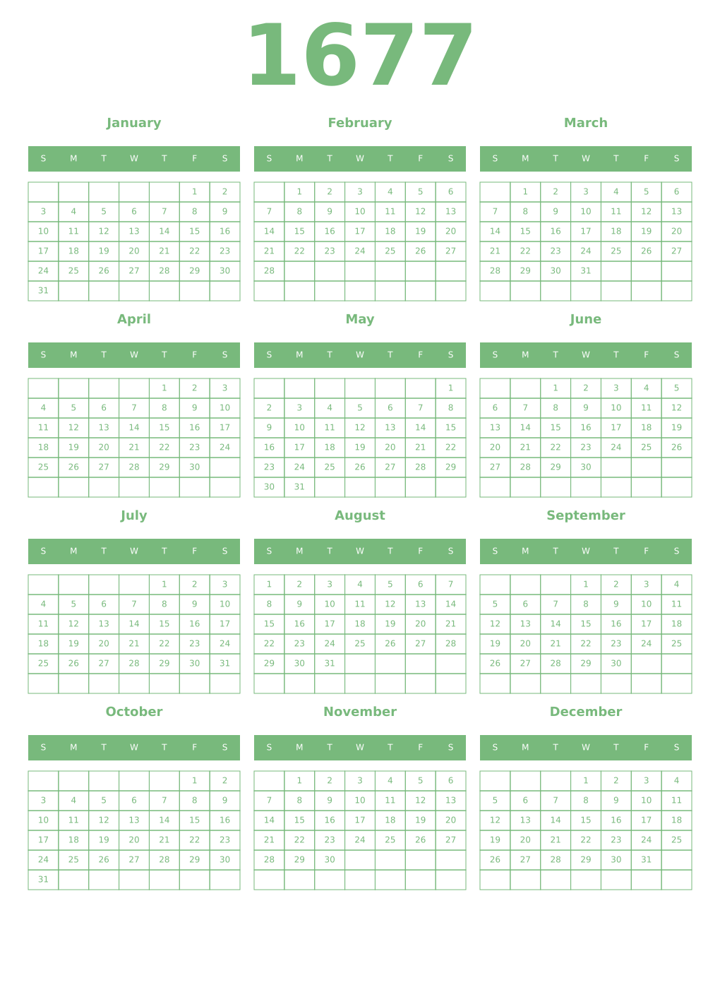 Printable 1677 Year Calendars celadon