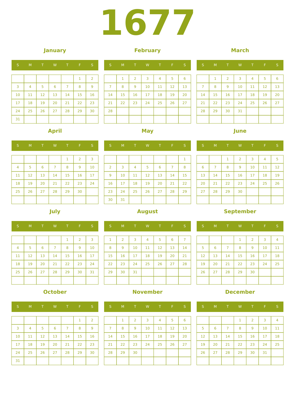 Printable 1677 Year Calendars chartreuse