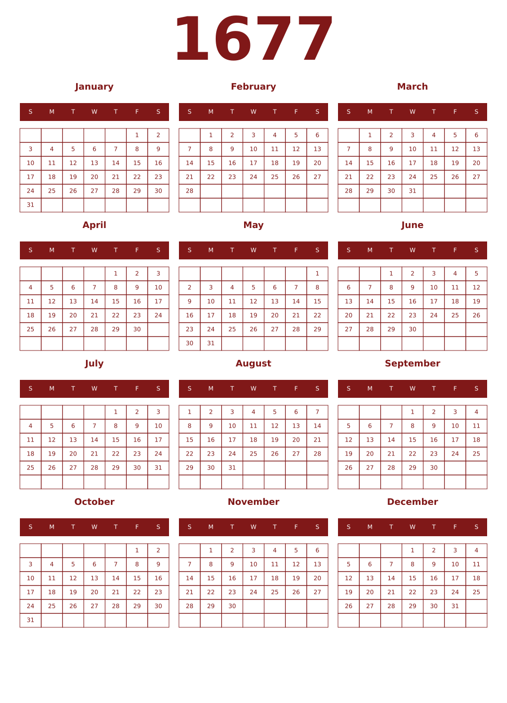 Printable 1677 Year Calendars falu