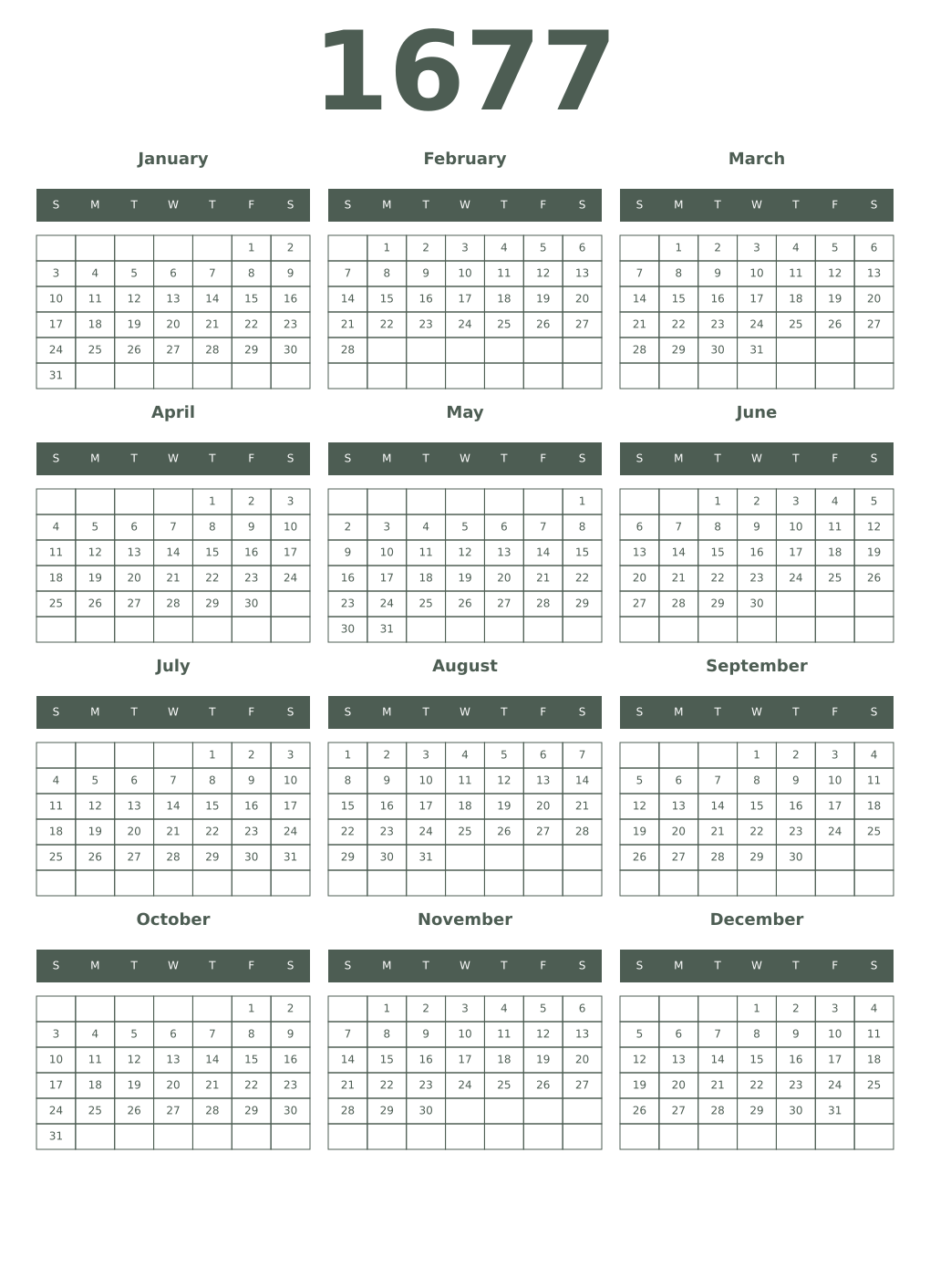 Printable 1677 Year Calendars feldgrau