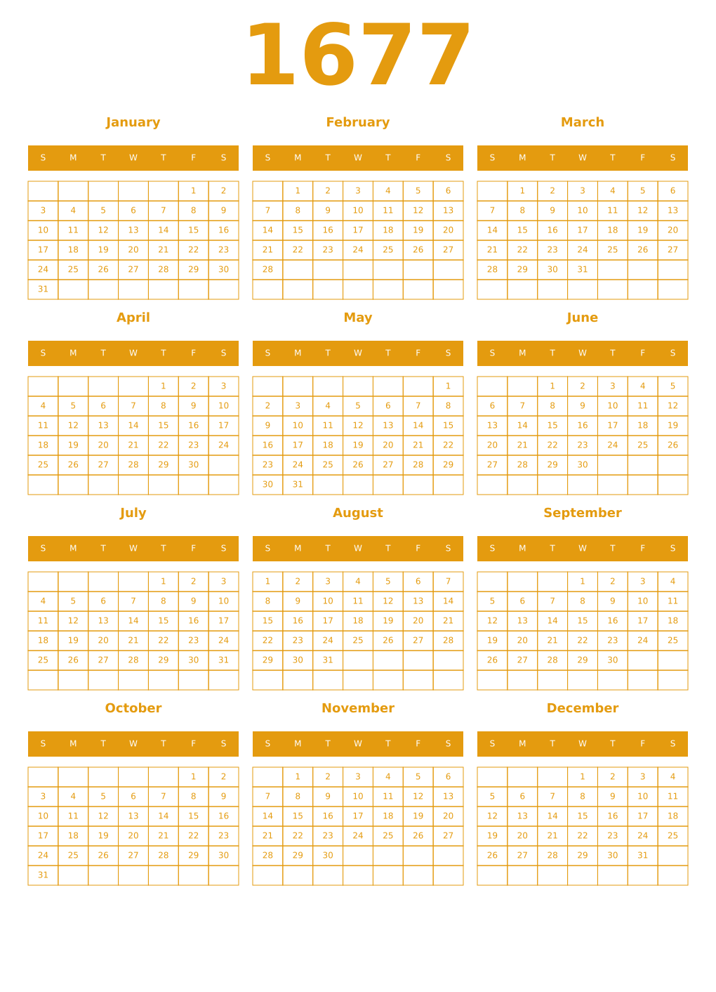 Printable 1677 Year Calendars gamboge