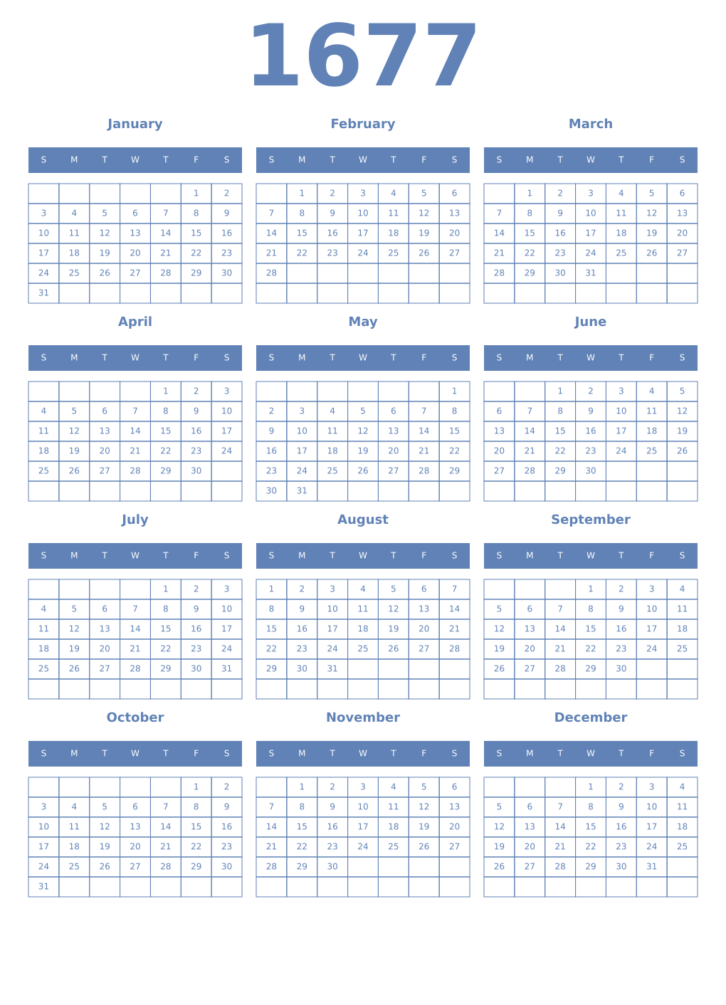 Printable 1677 Year Calendars glaucous