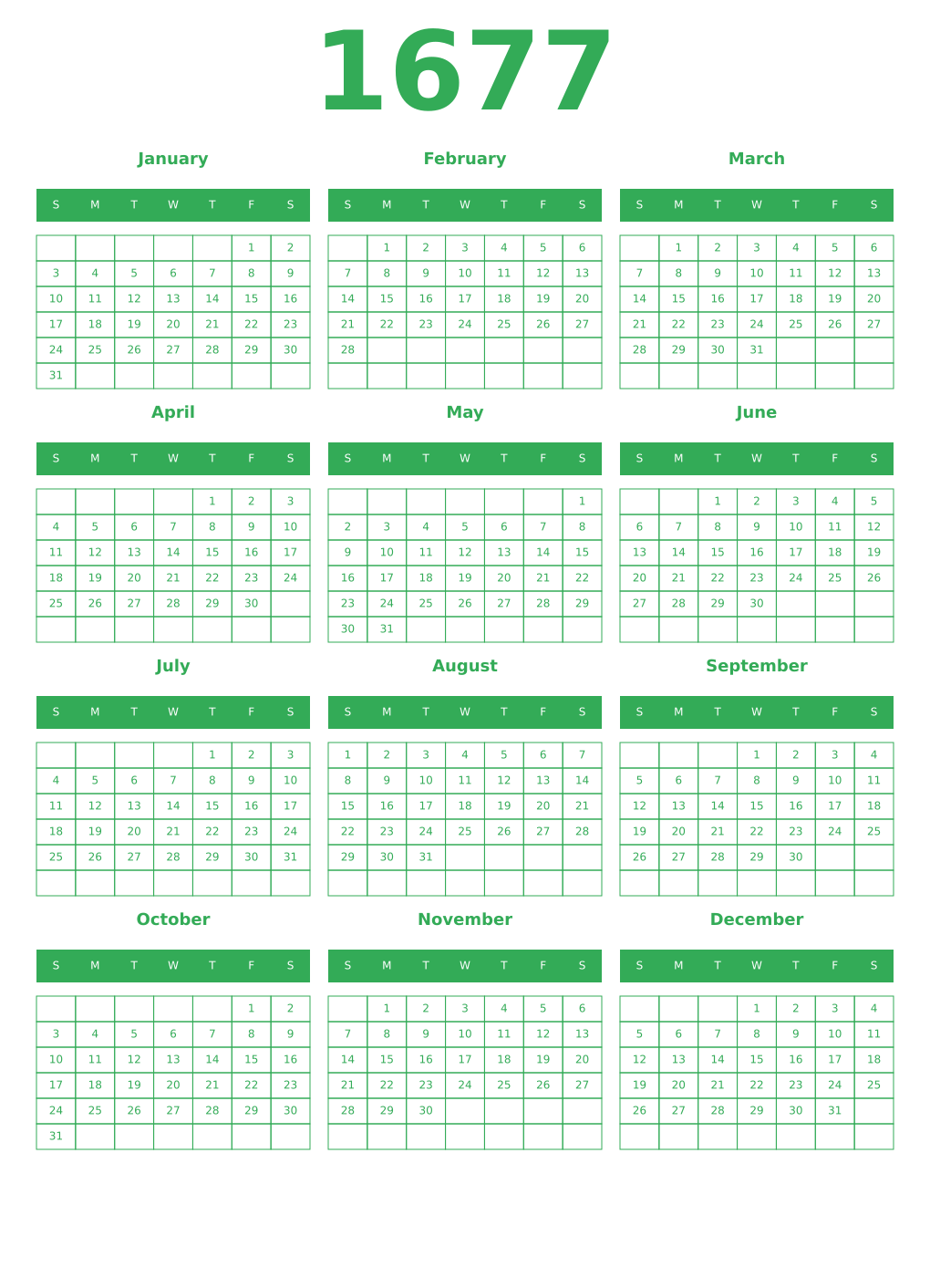 Printable 1677 Year Calendars green