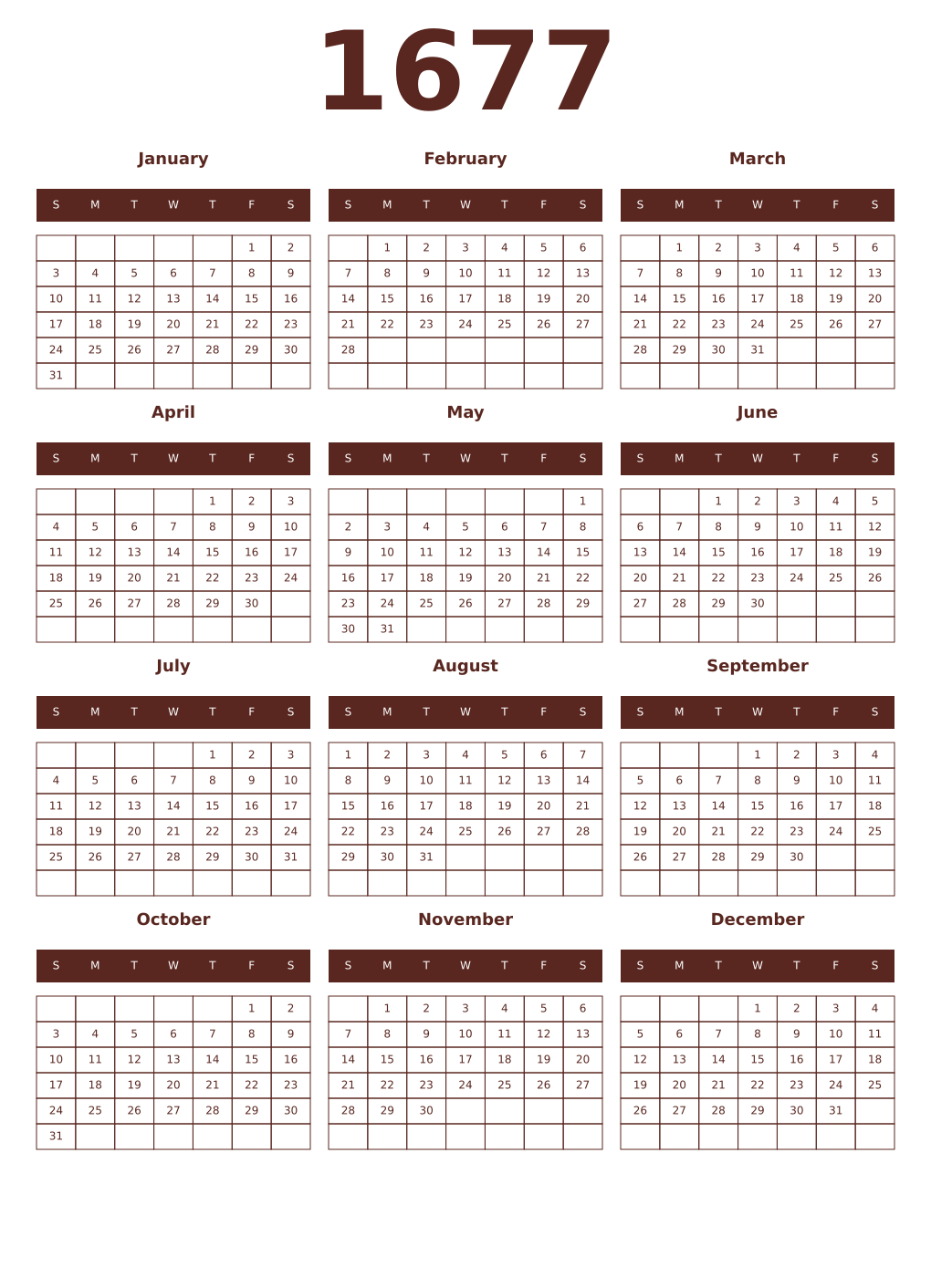 Printable 1677 Year Calendars mortuum
