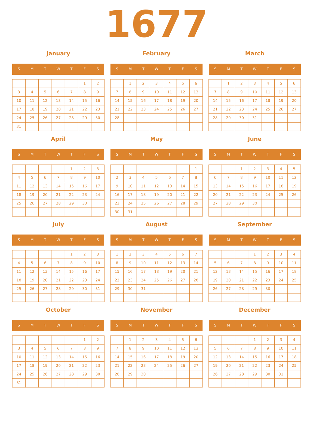 Printable 1677 Year Calendars orange