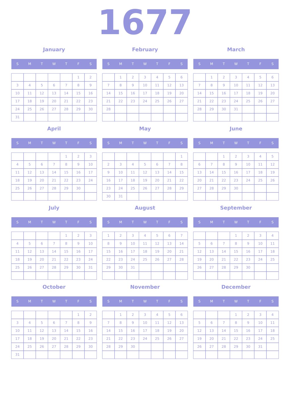 Printable 1677 Year Calendars periwinkle
