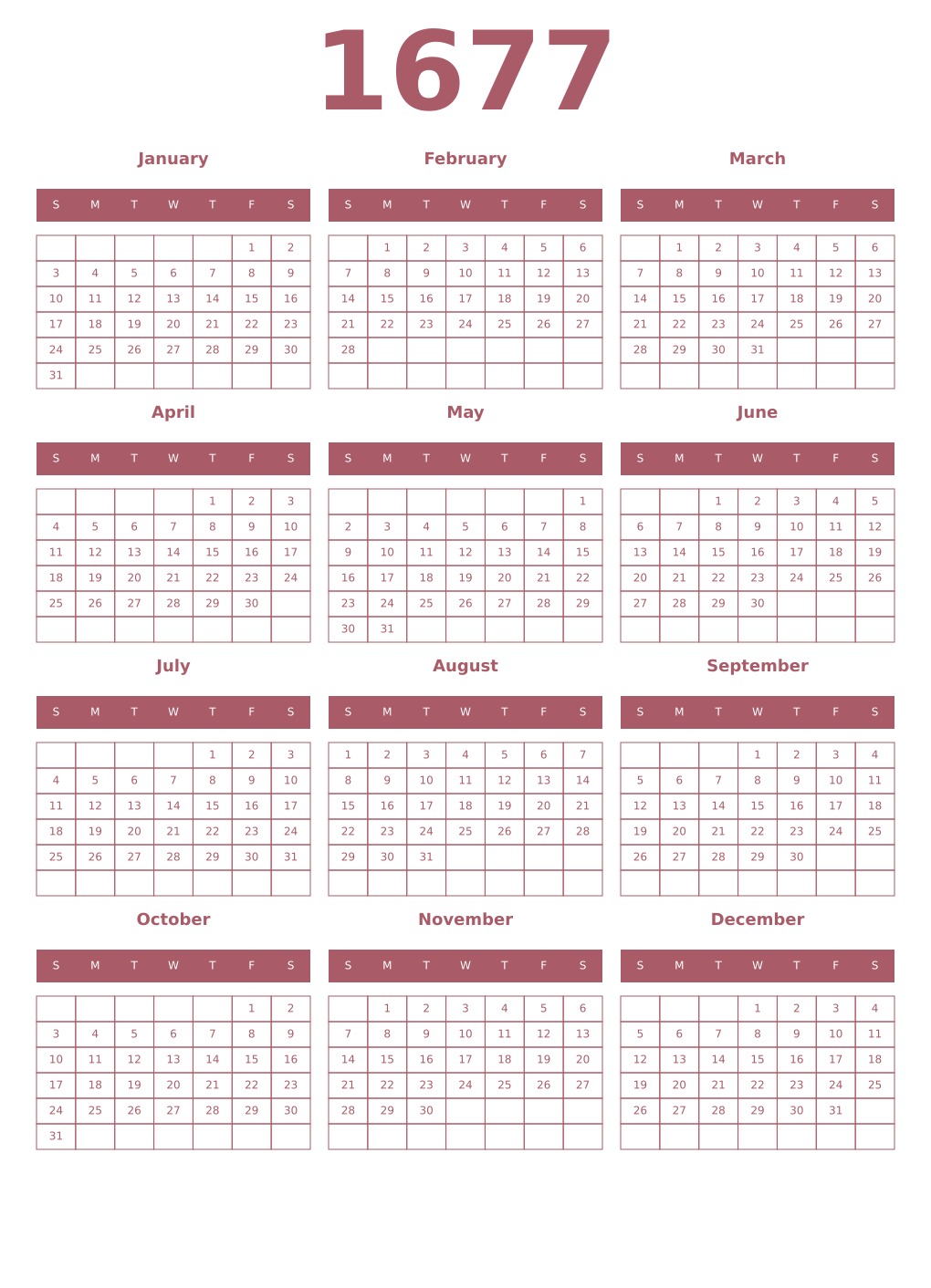 Printable 1677 Year Calendars puce