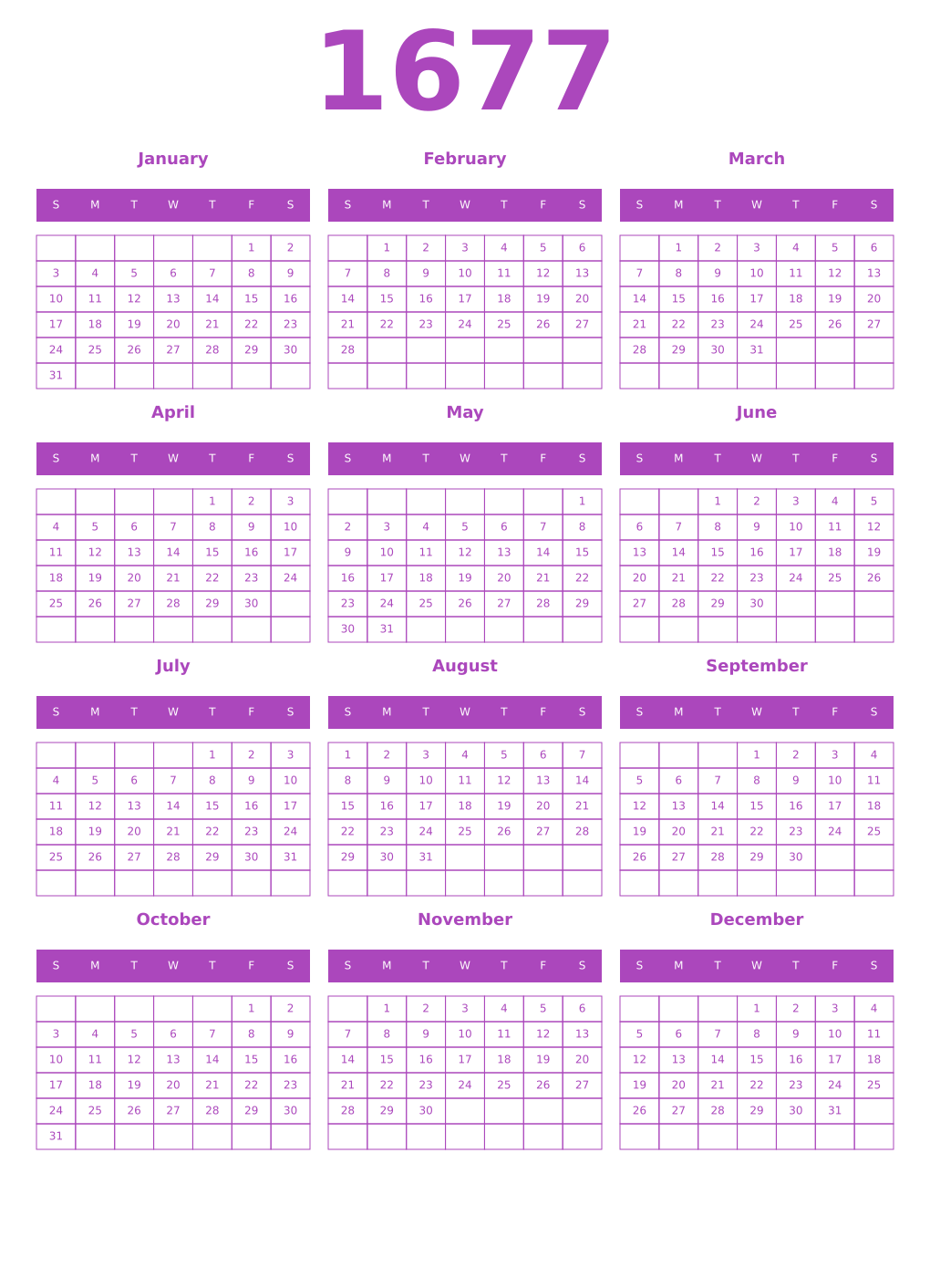 Printable 1677 Year Calendars purple