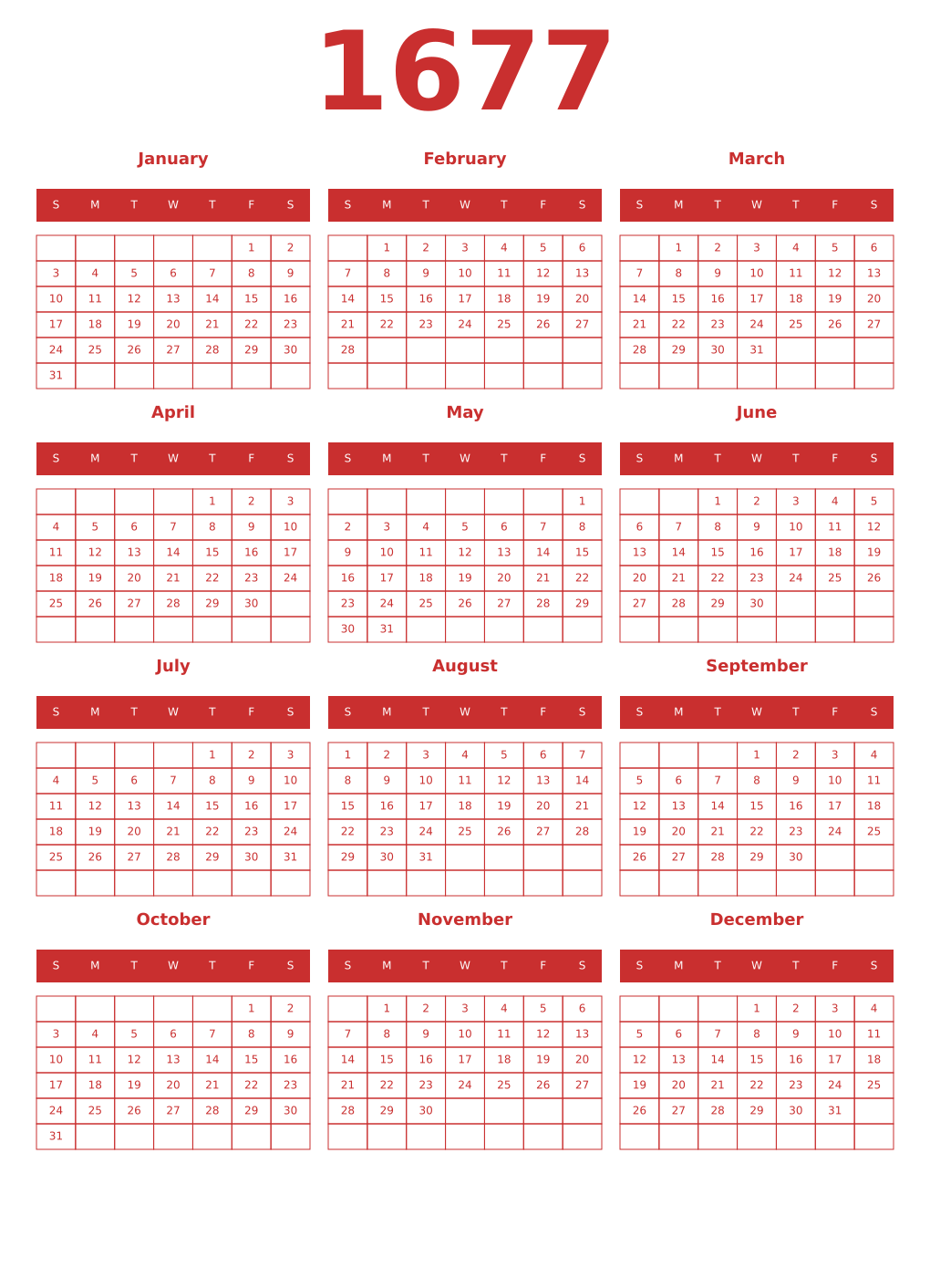 Printable 1677 Year Calendars red