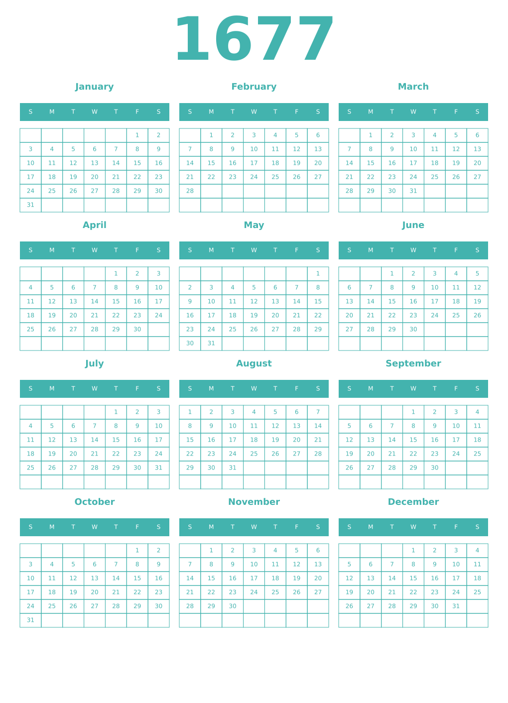 Printable 1677 Year Calendars verdigris
