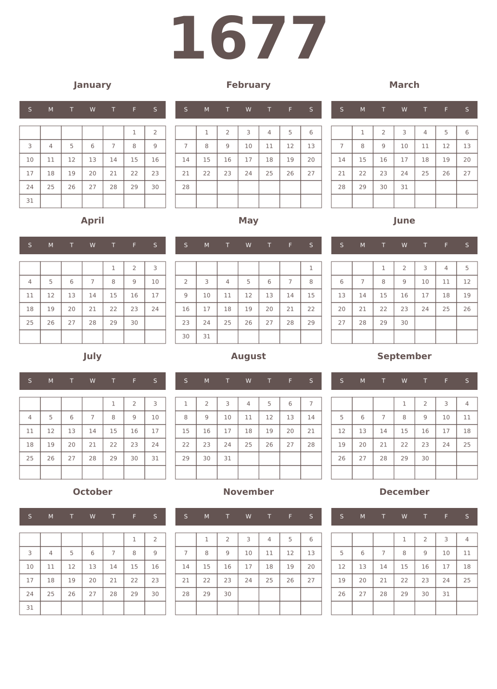 Printable 1677 Year Calendars wenge