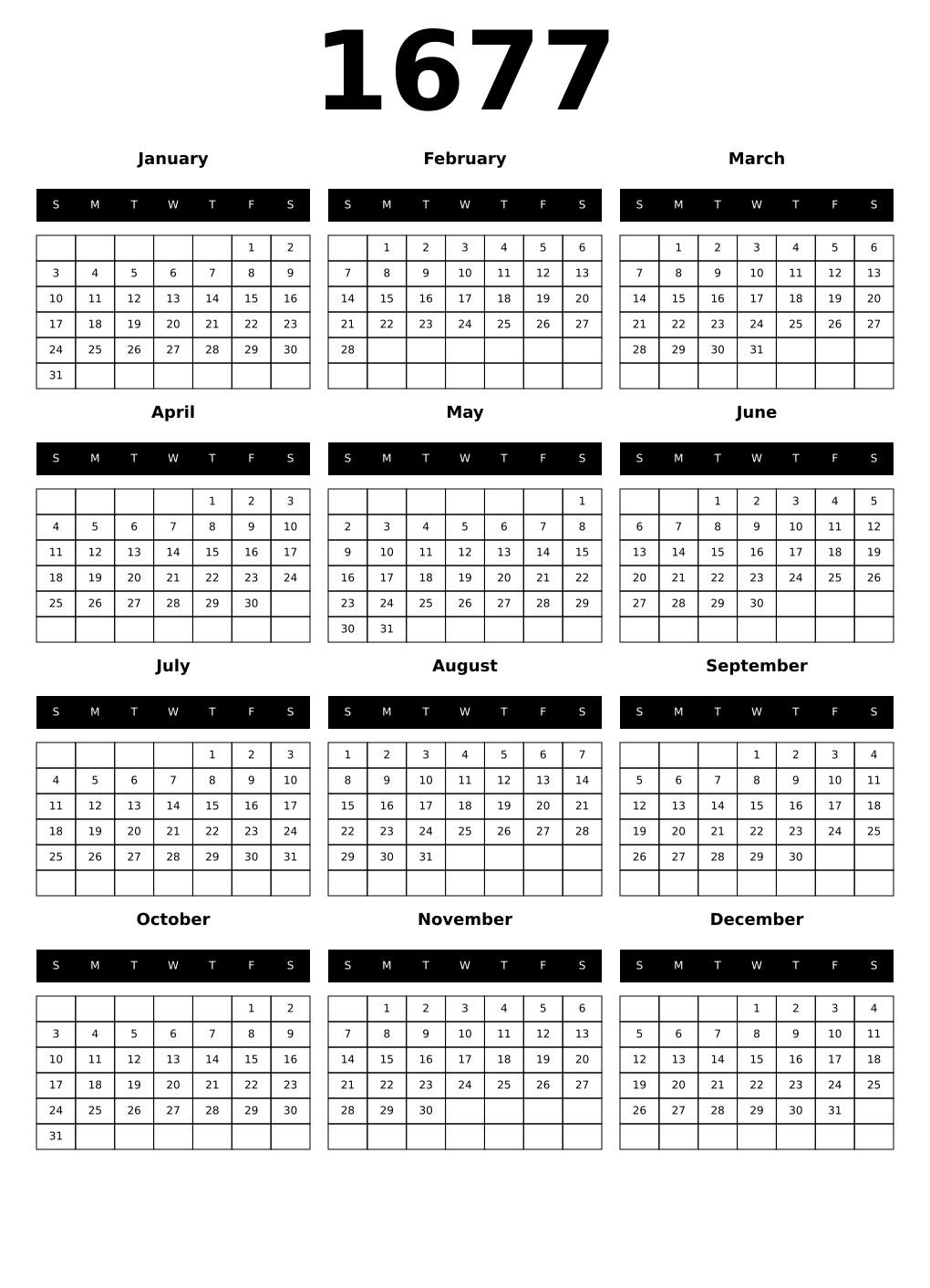 Printable 1677 Calendars