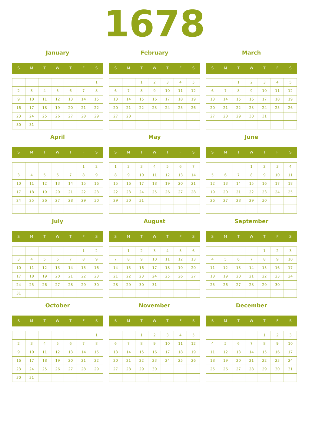 Printable 1678 Year Calendars chartreuse