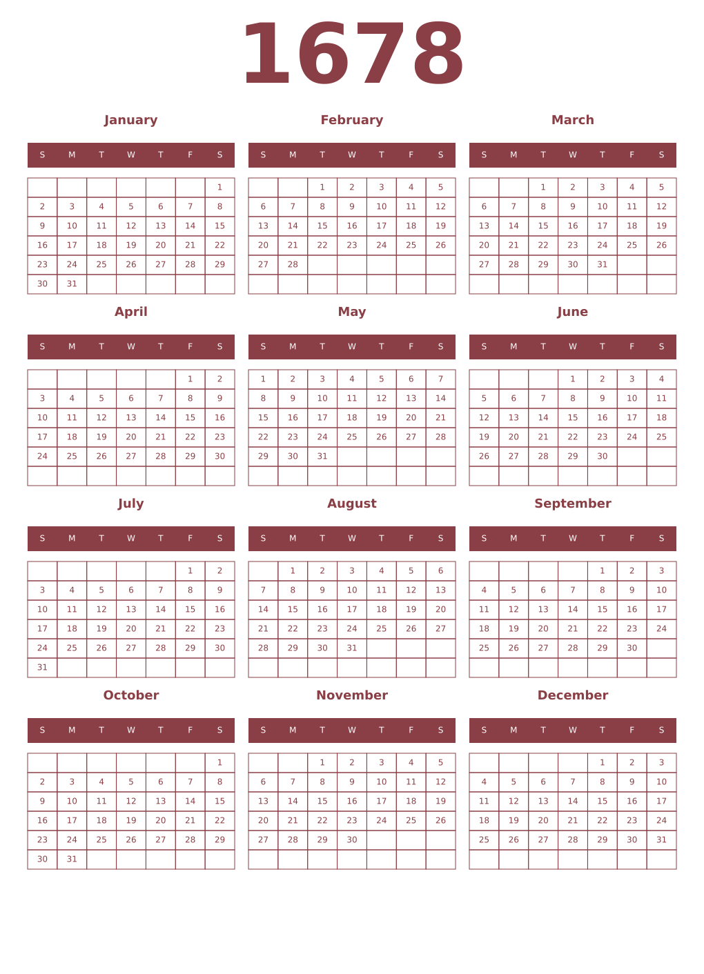 Printable 1678 Year Calendars cordovan