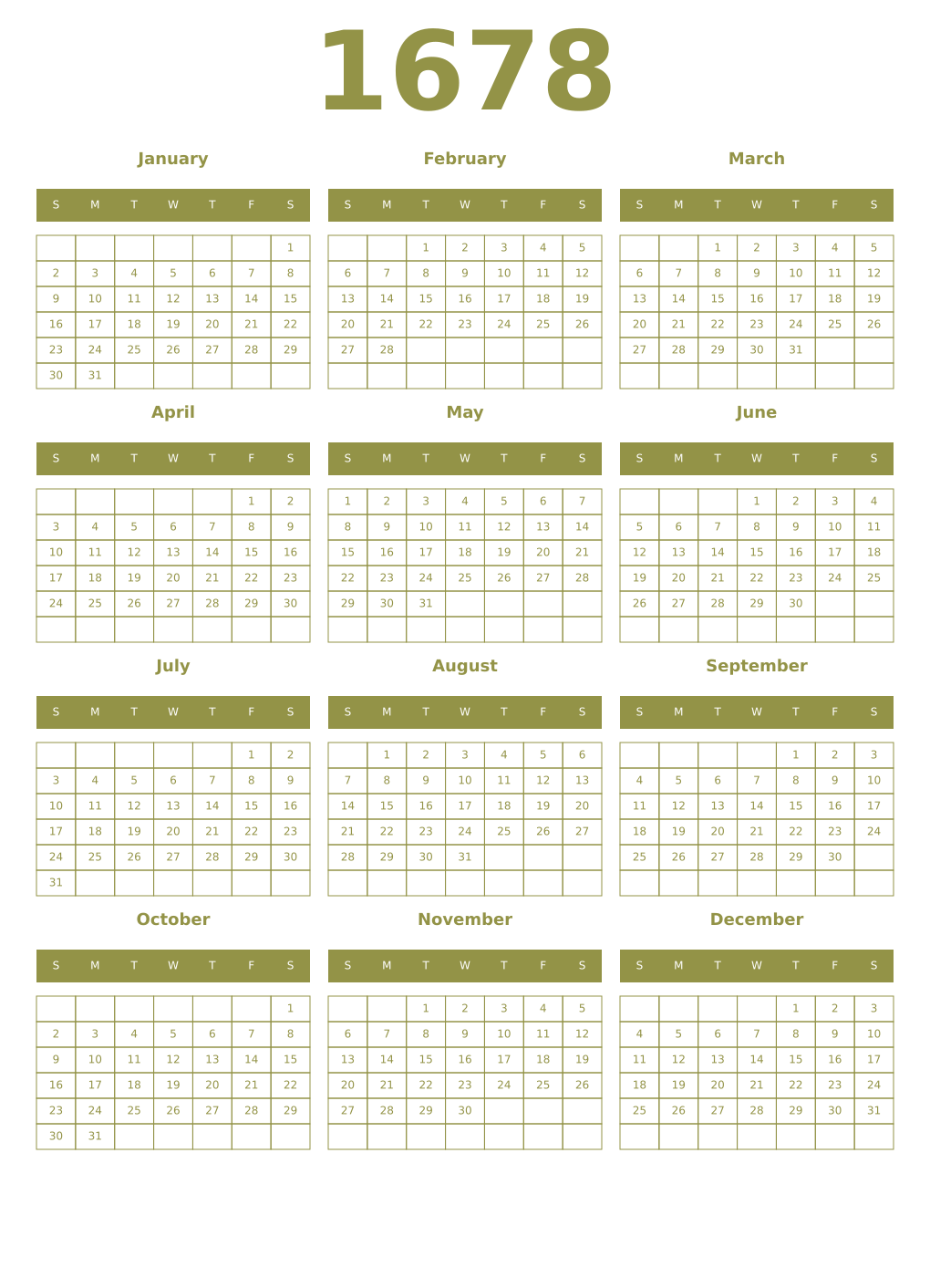 Printable 1678 Year Calendars eburnean