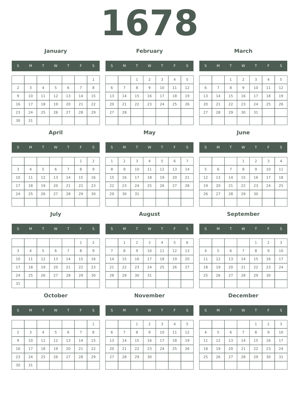 Printable 1678 Year Calendars feldgrau