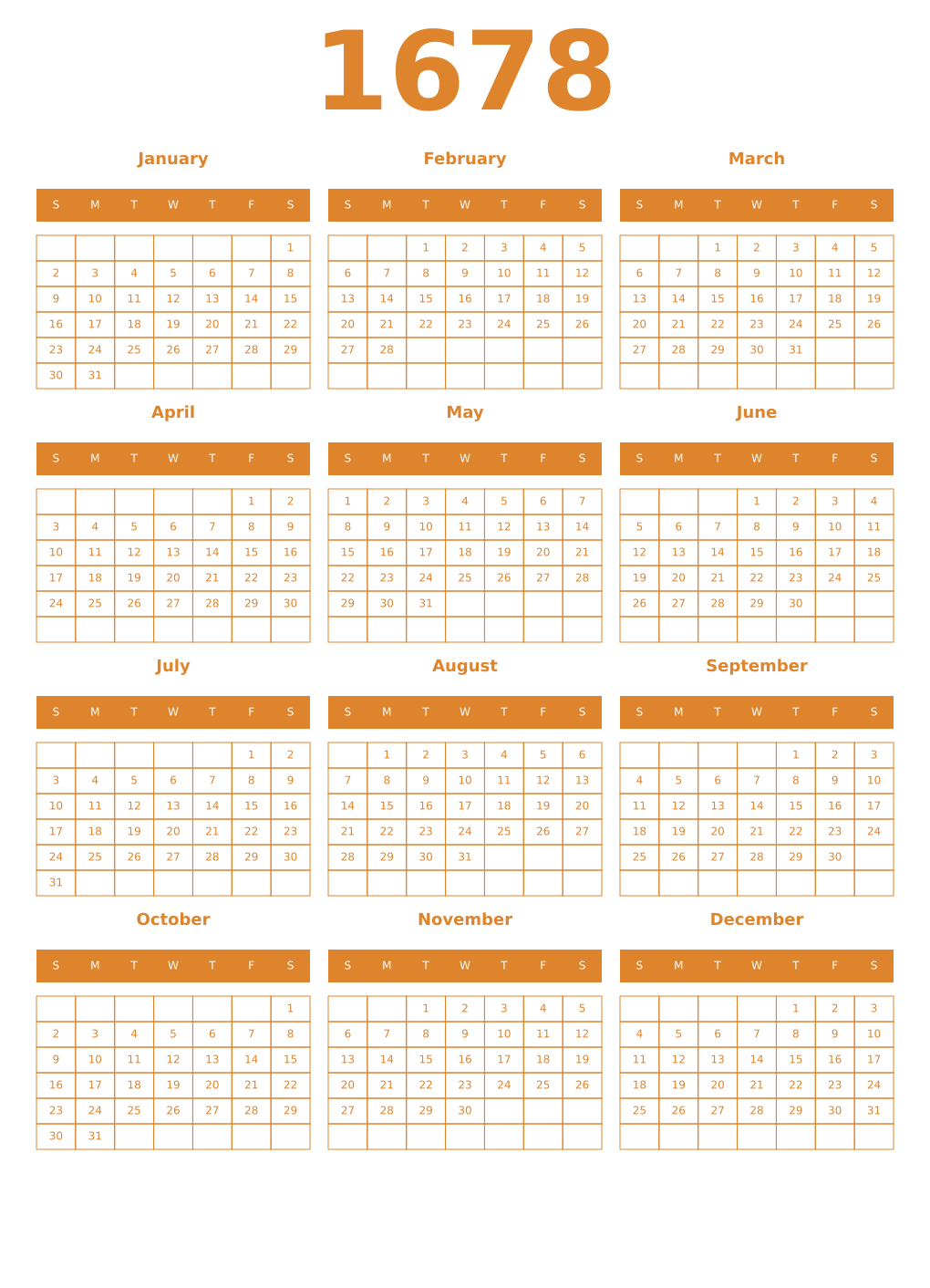 Printable 1678 Year Calendars orange