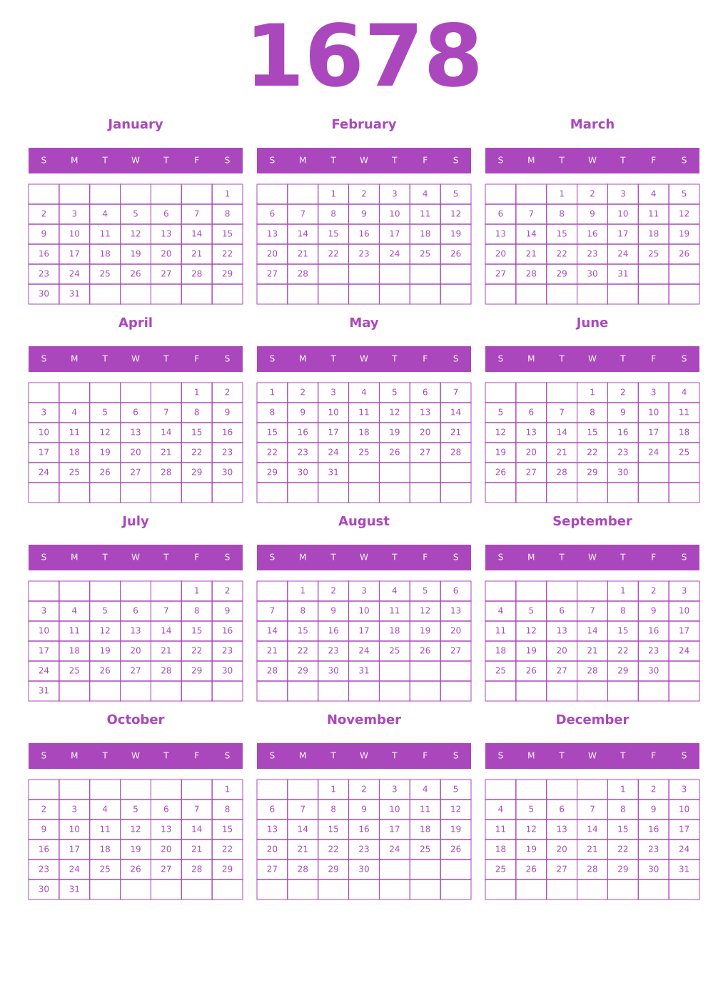 Printable 1678 Year Calendars purple