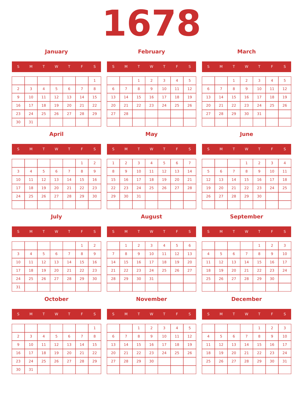 Printable 1678 Year Calendars red