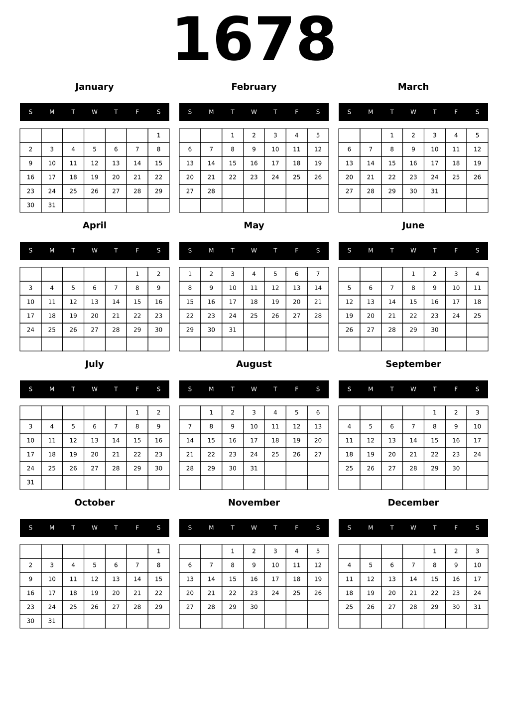 Printable 1678 Calendars