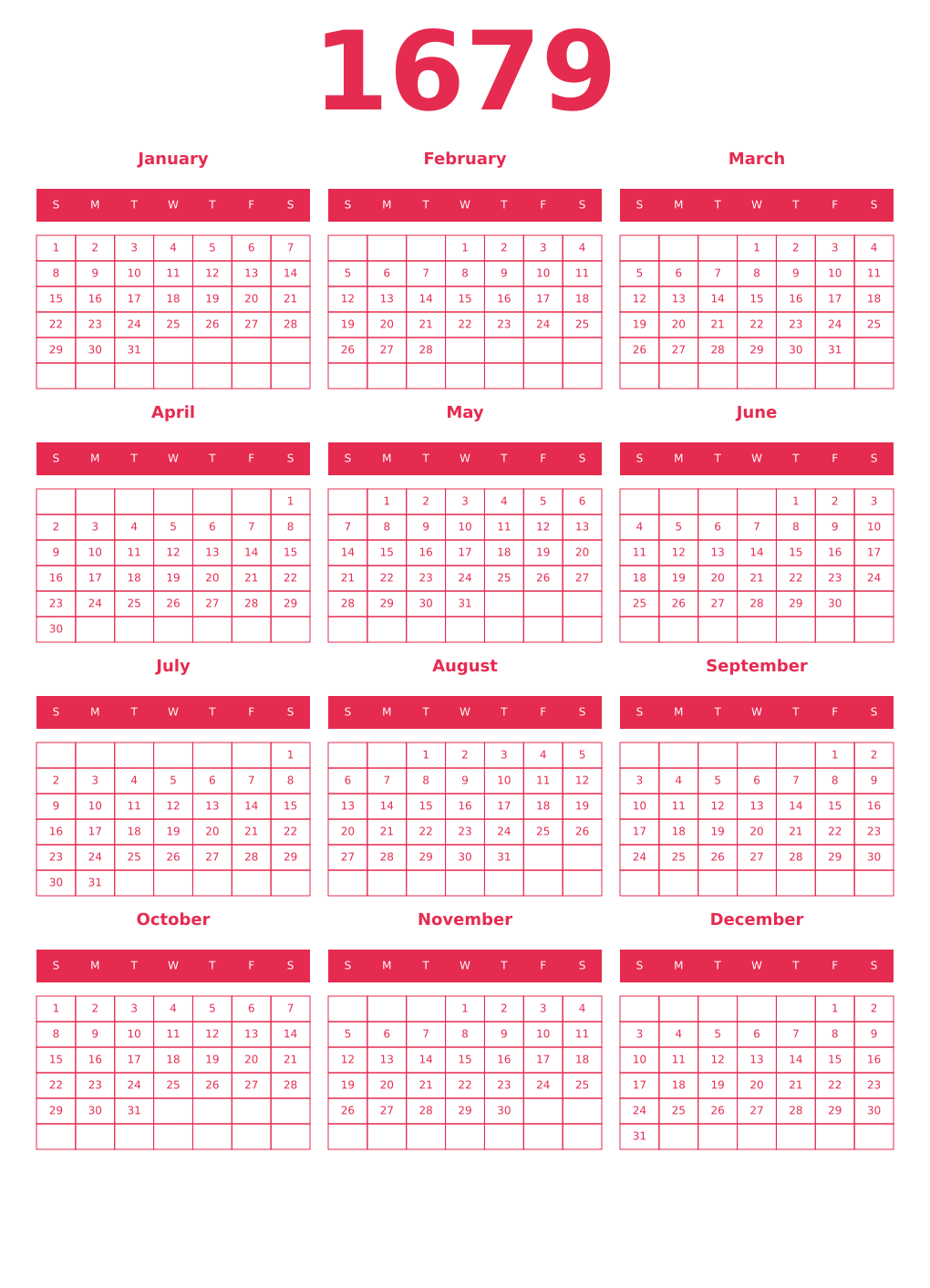 Printable 1679 Year Calendars amaranth