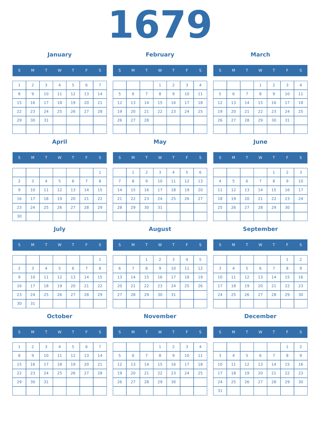 Printable 1679 Year Calendars blue