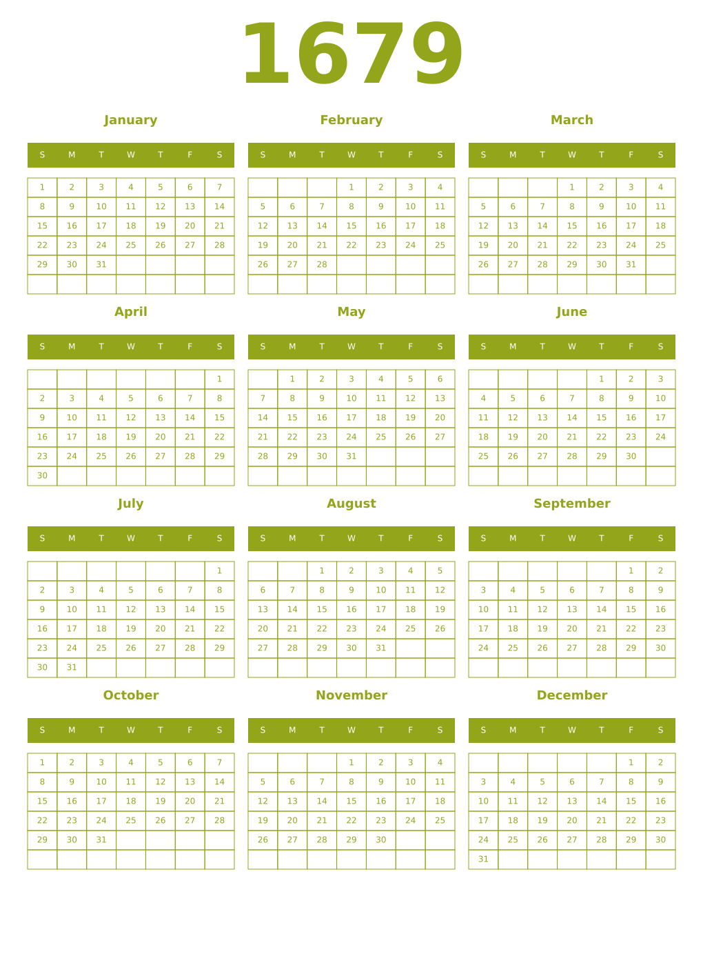 Printable 1679 Year Calendars chartreuse
