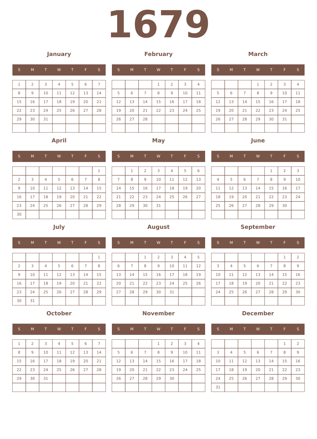 Printable 1679 Year Calendars coffe