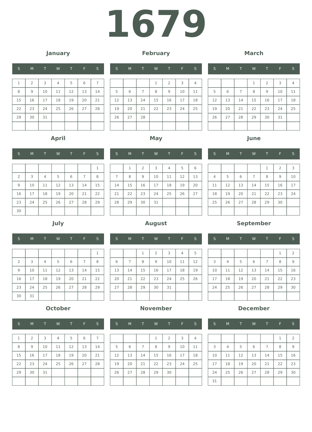 Printable 1679 Year Calendars feldgrau